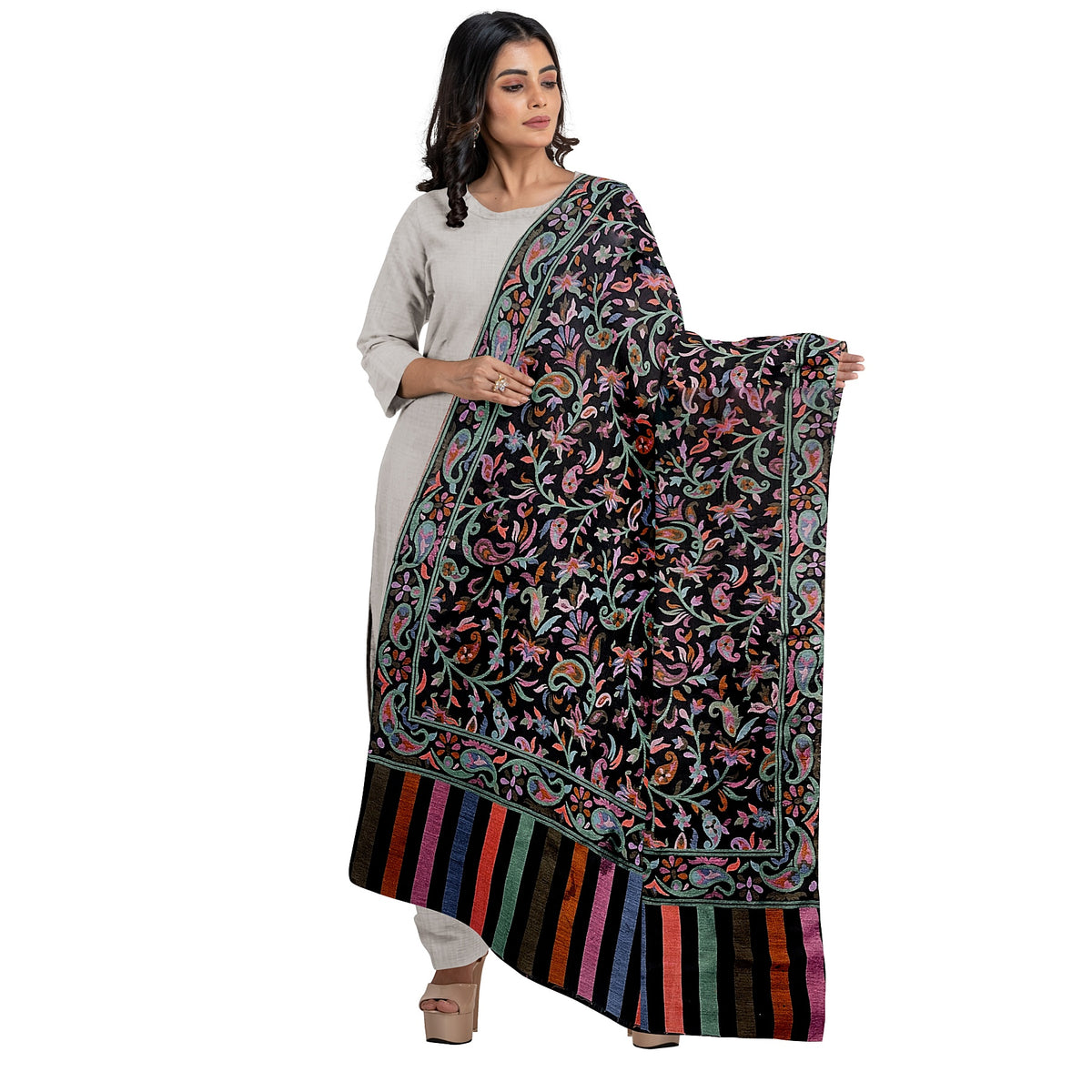 Classic Black Floral Kashmiri Shawl