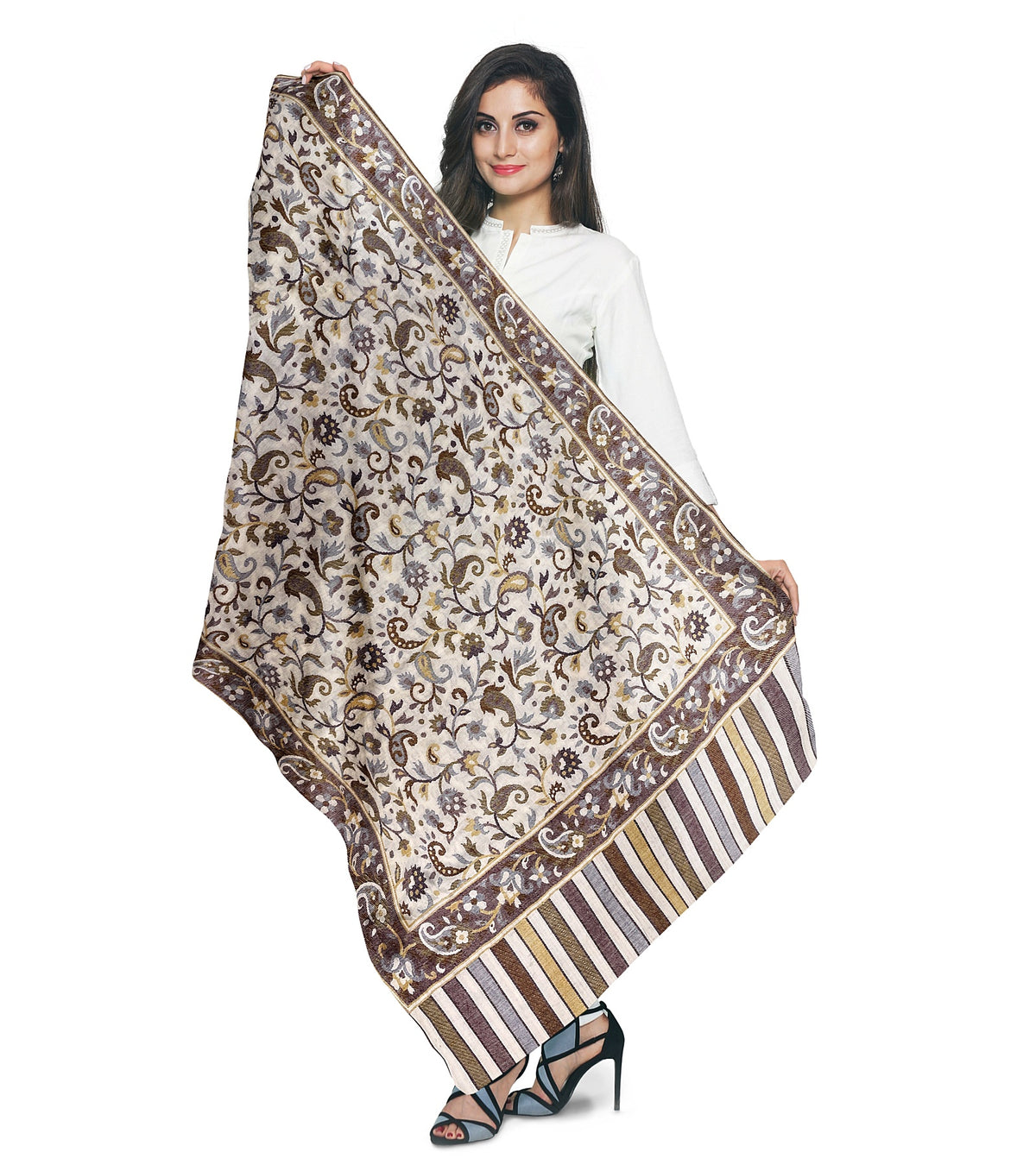 Elegant Off-White Stole with Floral Accents