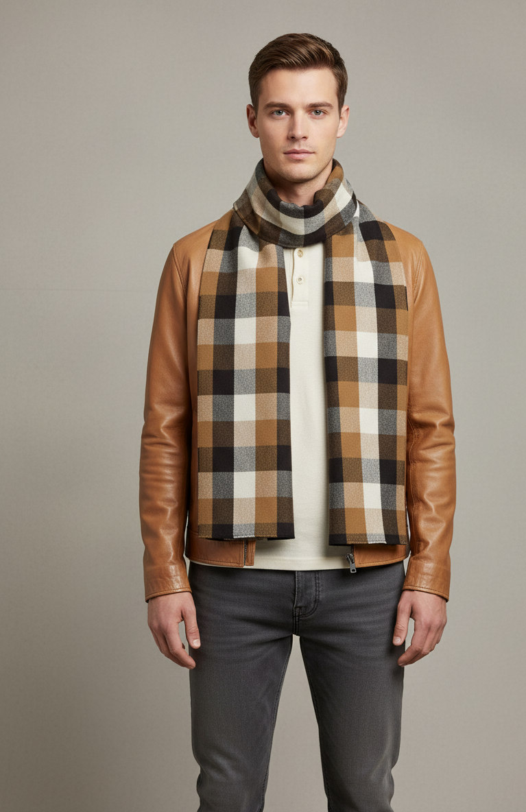 "Classic Brown and Black Checkered Scarf, Soft Unisex Winter Wrap by The Amritsar Store"