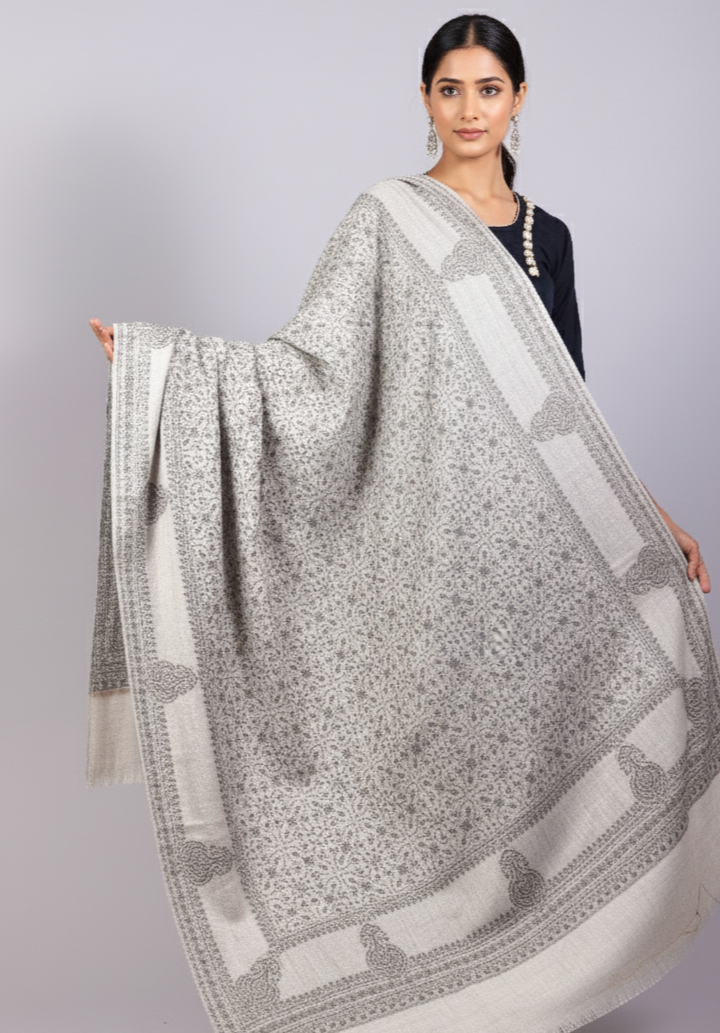 The Amritsar Store Elegant Grey Sozni Embroidered Self Weave Wool Shawl – Handcrafted Kashmiri Design for Women