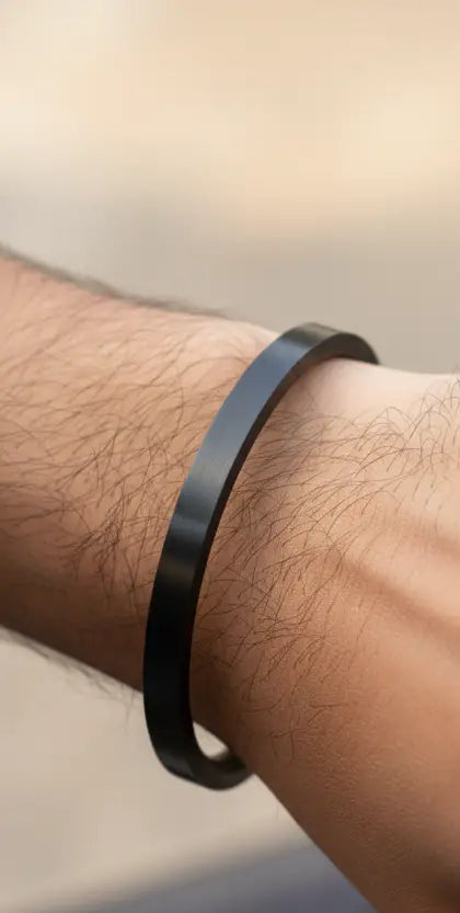 Black stainless steel plain kada bracelet with 0.2 inch thickness and smooth polished finish by The Amritsar Store
