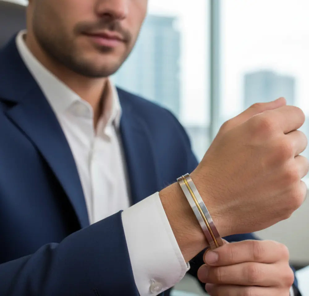 Stainless Steel Kada with Thin Brass Line – 10 MM Thick