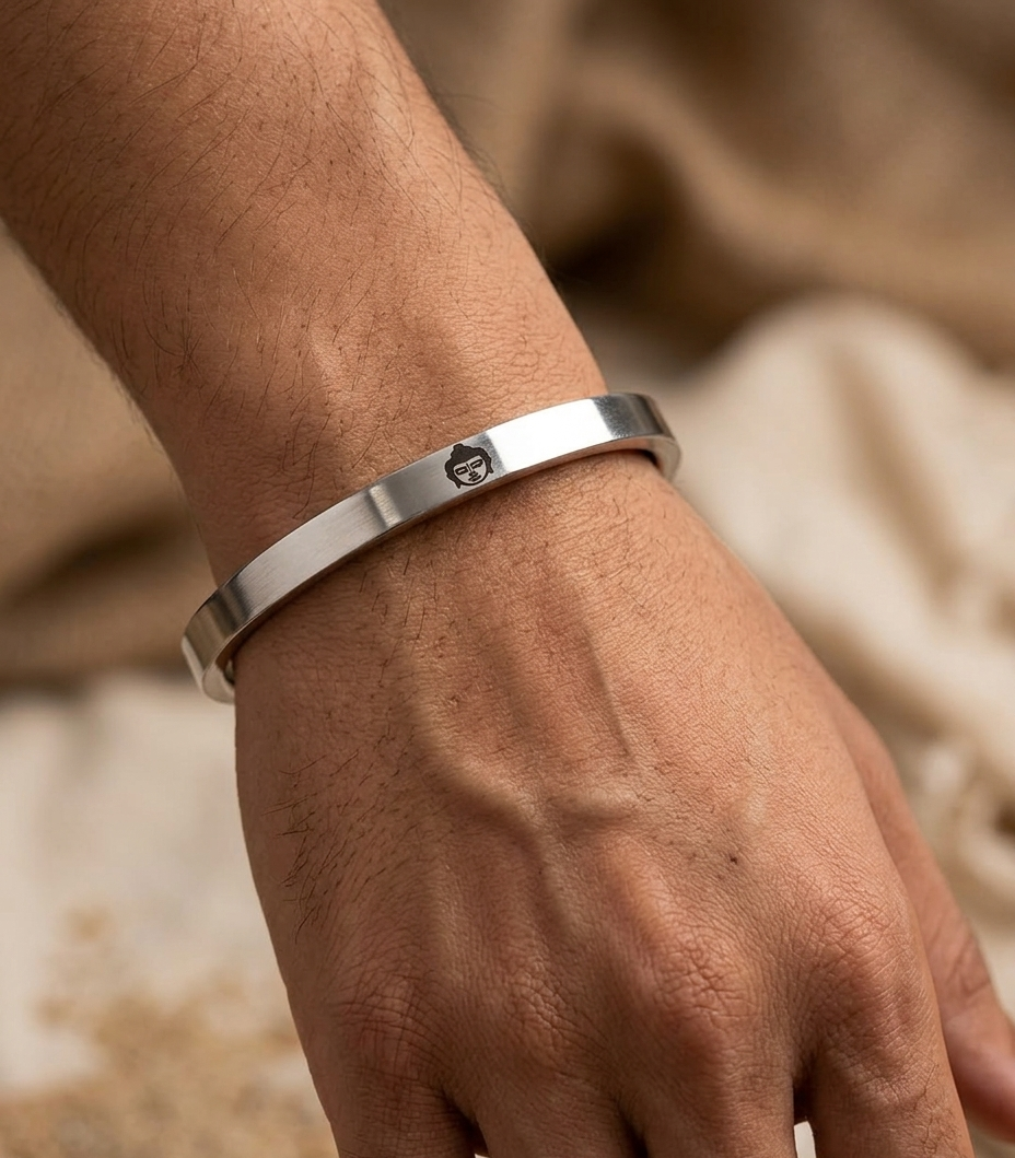 Stainless Steel 12mm Heavy Kada for Men featuring Lord Buddha image and Om Mani Padmehum mantra engraving by The Amritsar Store