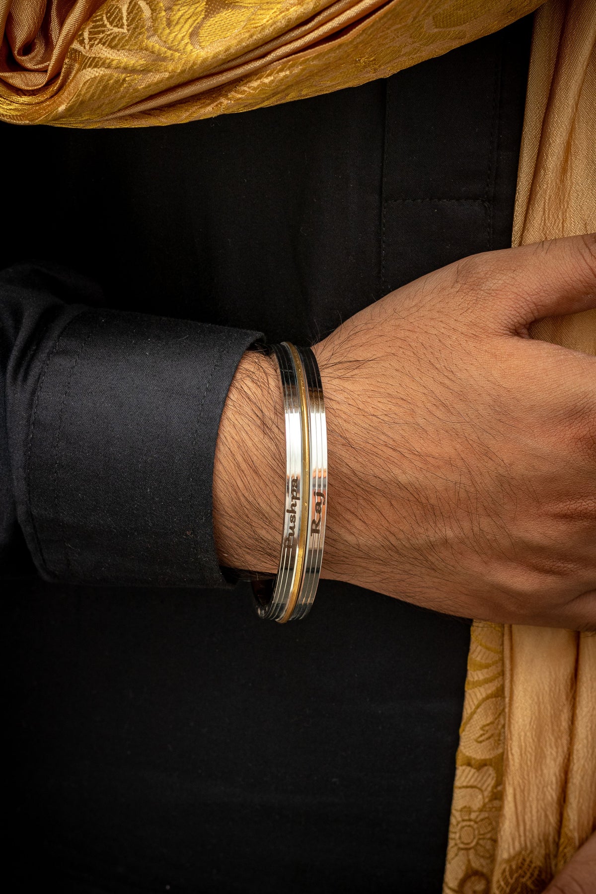 Stainless Steel With Thin Brass Line Customized Personalized Mens Kada - 10 Mm Thick by The Amritsar Store - The Amritsar Stor