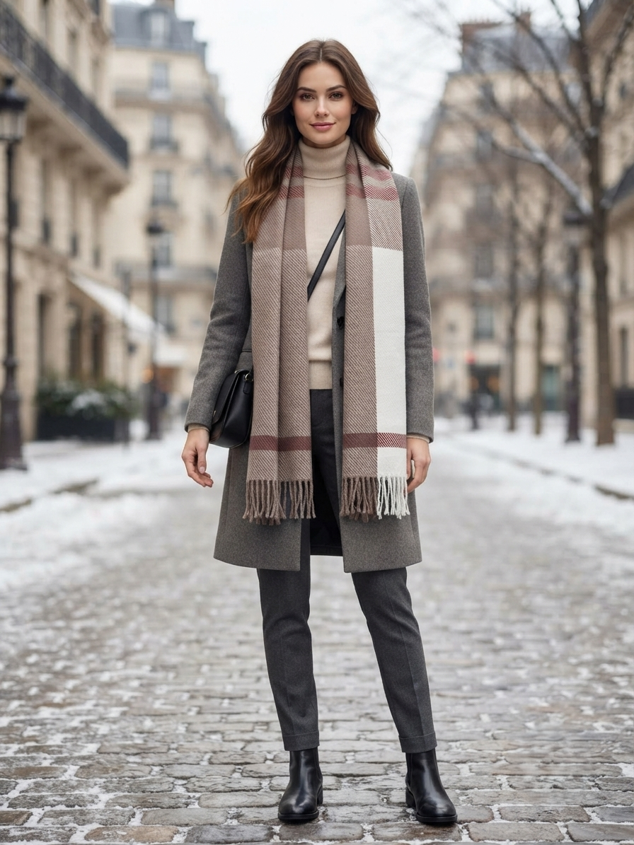 Taupe Ivory Checked Wool Scarf – Soft Winter Scarf for Men & Women | The Amritsar Store - The Amritsar Store