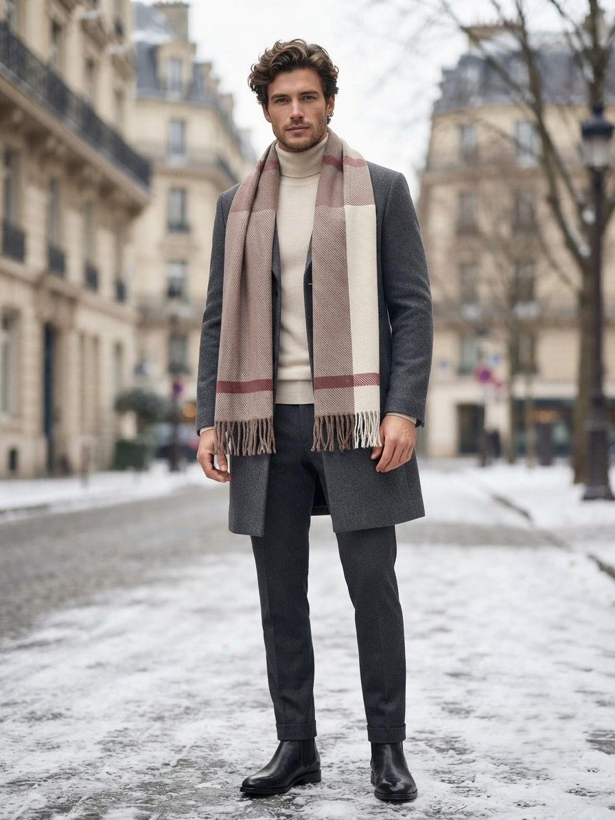 Taupe Ivory Checked Wool Scarf – Soft Winter Scarf for Men & Women | The Amritsar Store - The Amritsar Store