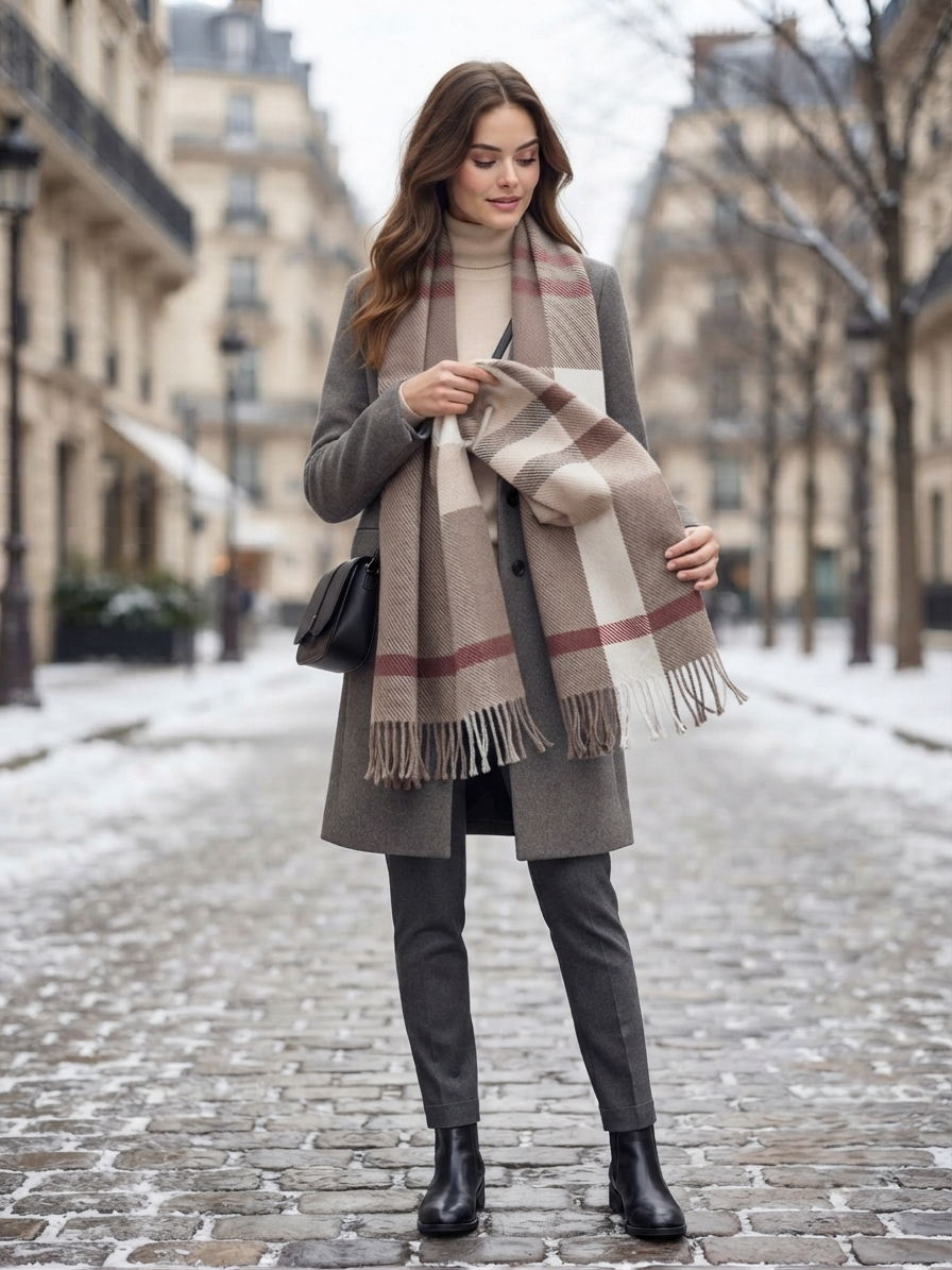 Taupe Ivory Checked Wool Scarf – Soft Winter Scarf for Men & Women | The Amritsar Store - The Amritsar Store
