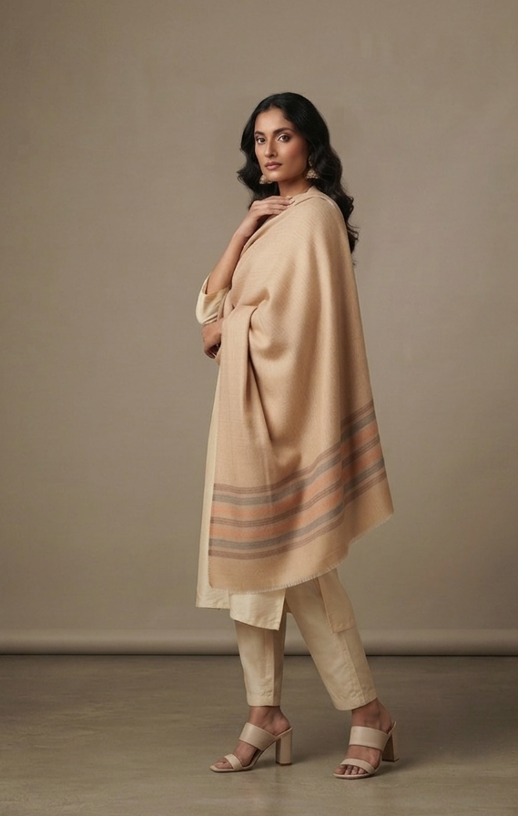 Women's elegant reversible taupe stripe shawl with a soft woven finish, designed for versatile everyday wear by The Amritsar Store.