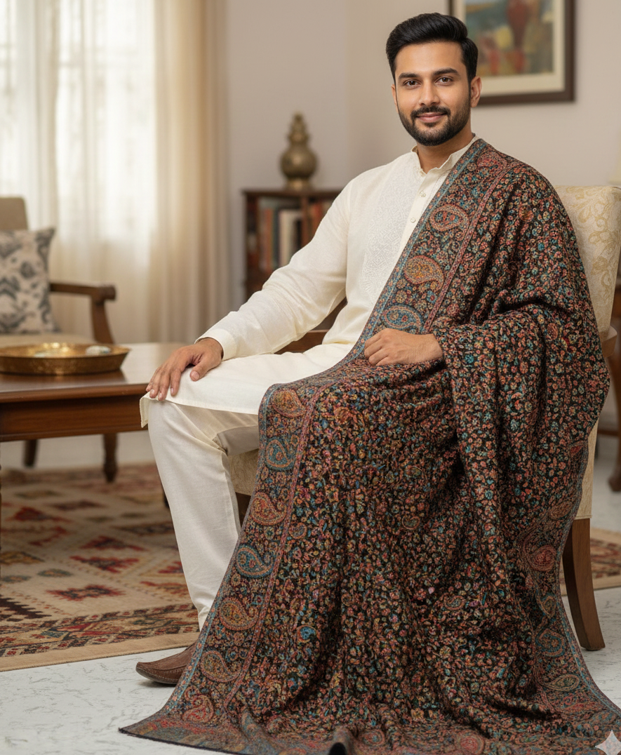 Men’s black Kani Jaal shawl with multicolor paisley and floral weave by The Amritsar Store