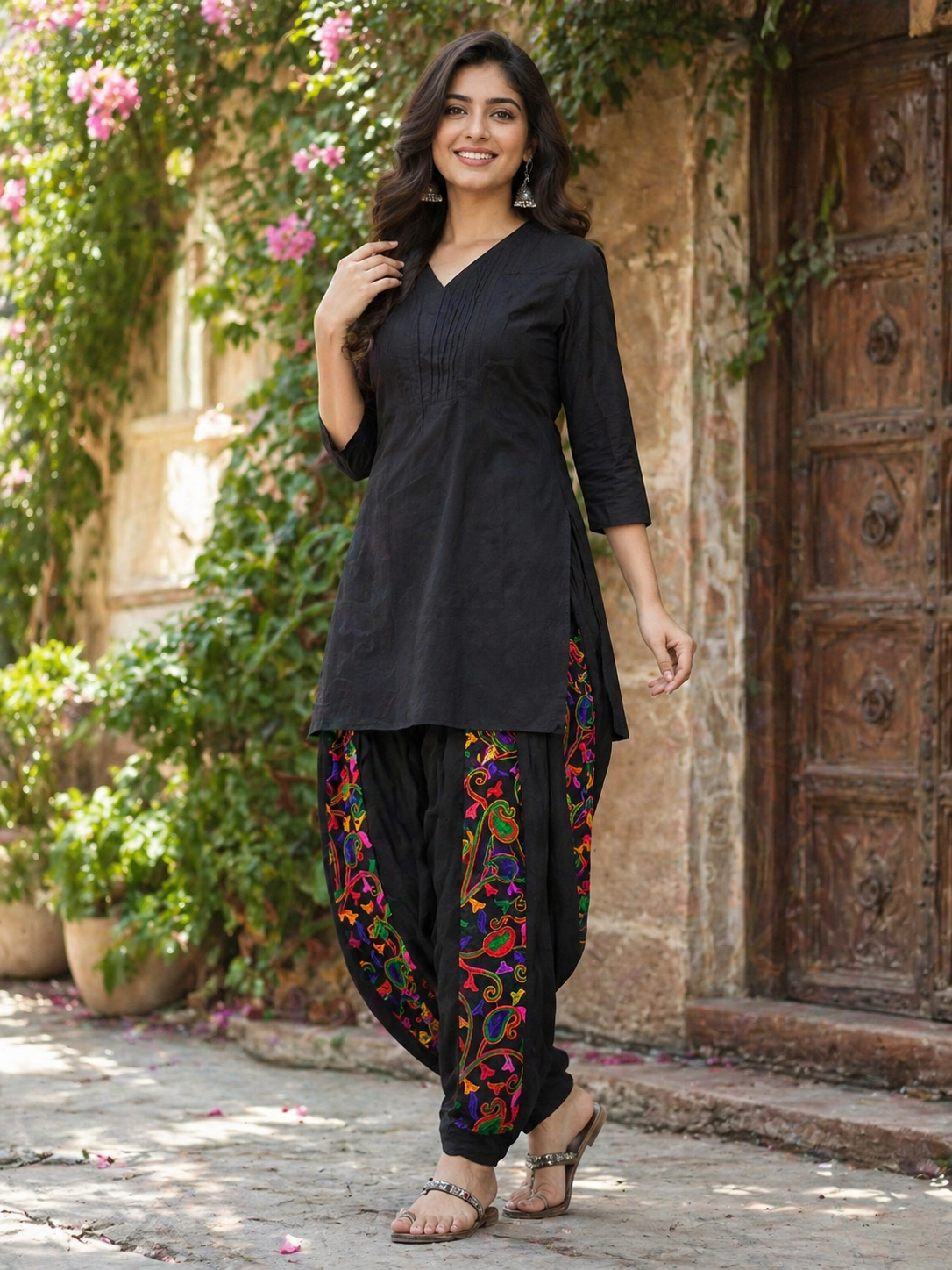 Black kora cotton salwar with multicolor Phulkari embroidery by The Amritsar Store