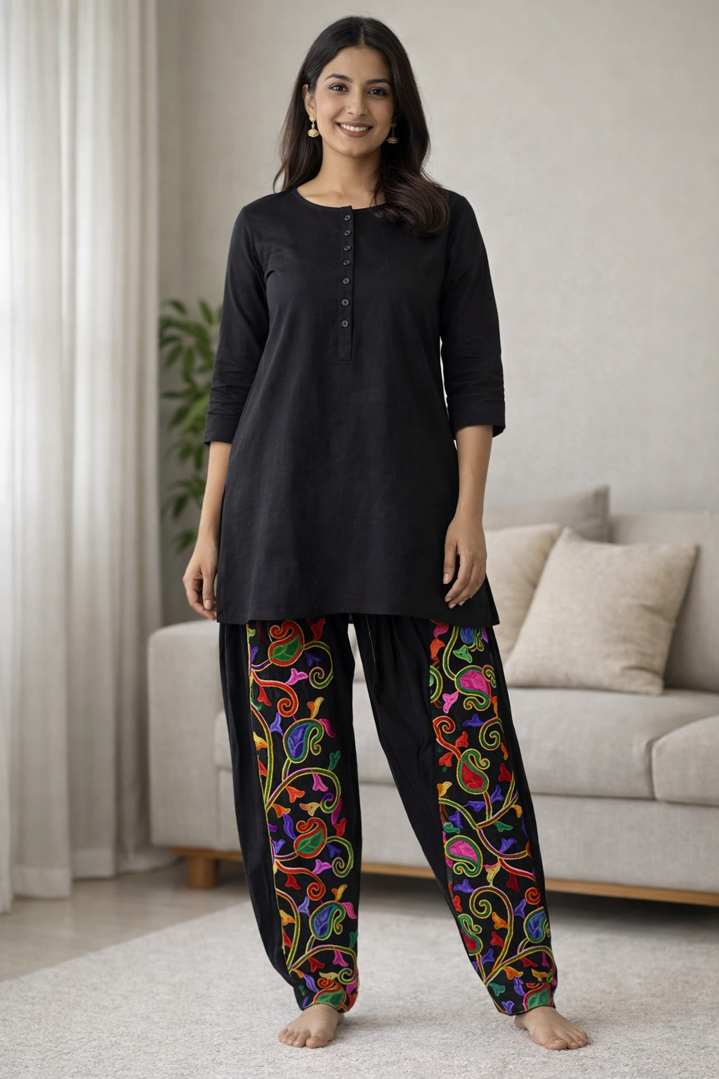 Black kora cotton salwar with multicolor Phulkari embroidery by The Amritsar Store
