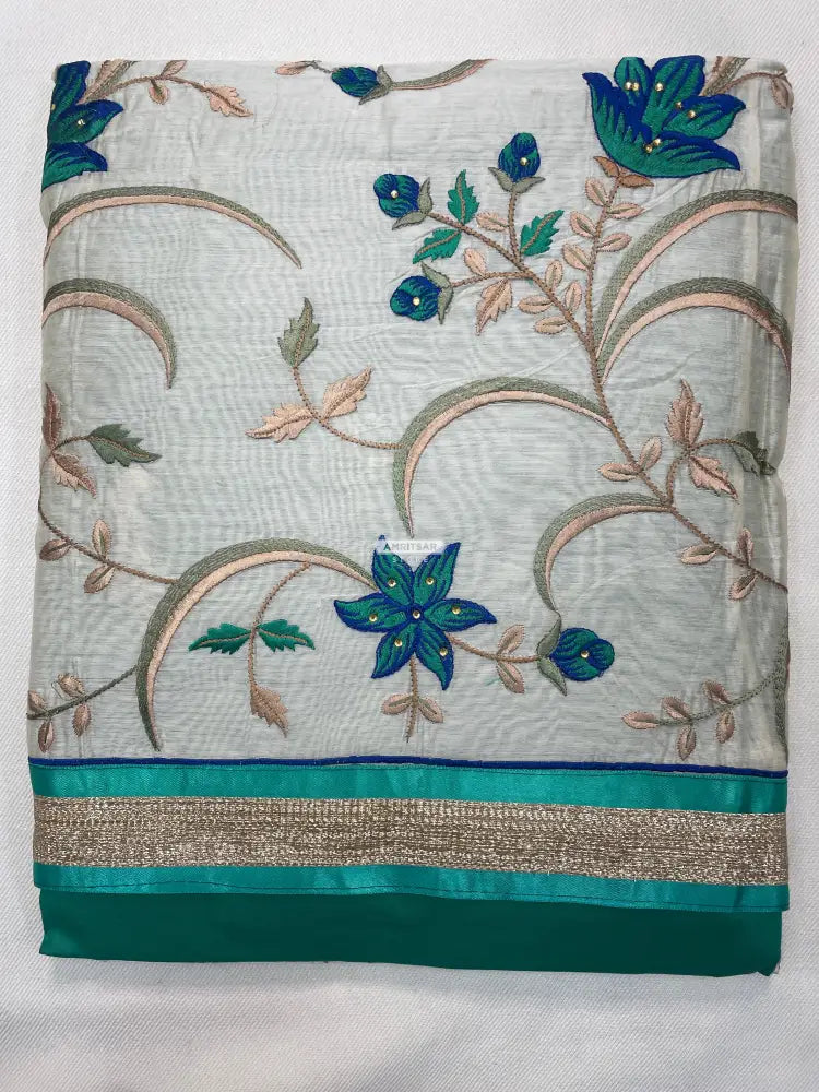 The Amritsar Store Chanderi Embroidered Unstitched Suit with Dupatta for Women, Traditional Punjabi Ethnic Wear Suit Set