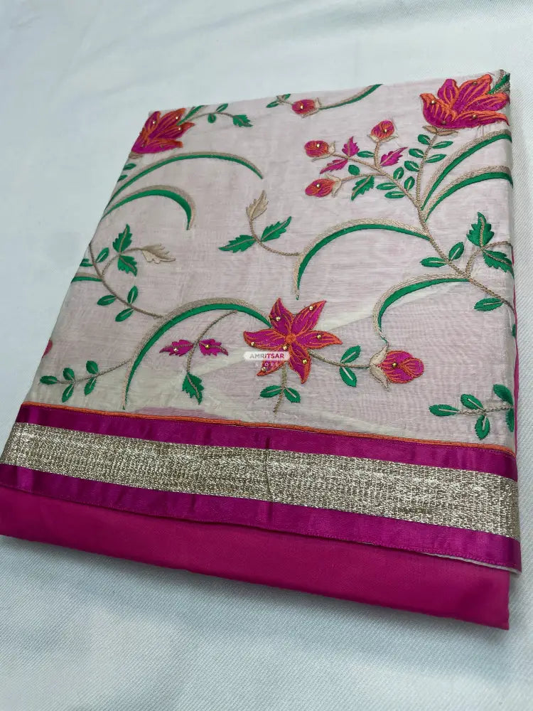 The Amritsar Store Chanderi Embroidered Unstitched Suit with Dupatta for Women, Traditional Punjabi Ethnic Wear Suit Set
