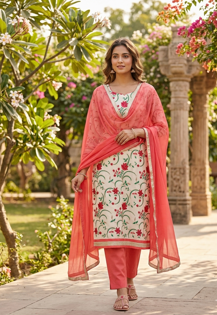 The Amritsar Store Chanderi Embroidered Unstitched Suit with Dupatta for Women, Traditional Punjabi Ethnic Wear Suit Set