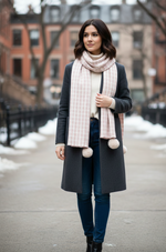 “The Amritsar Store Classic Check Wool Scarf in soft neutral shades, featuring a timeless check pattern and fine wool texture”
