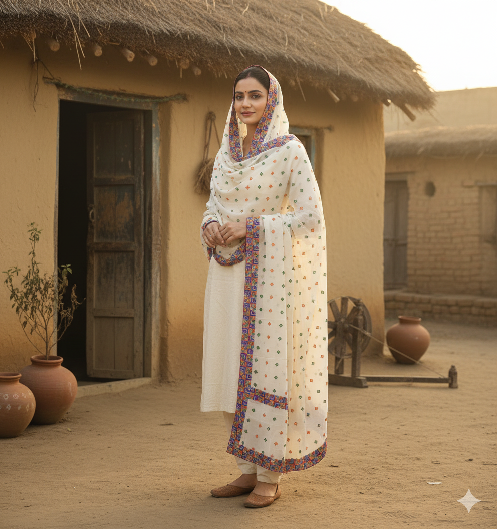 The Amritsar Store Phulkari Hand Embroidered Dupatta in cream color adorned with vibrant multicolor thread work, showcasing traditional Punjabi craftsmanship and elegance.