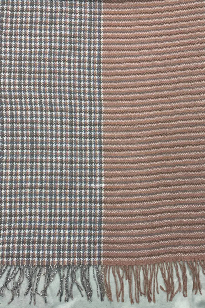 The Amritsar Store elegant reversible wool scarf featuring grey plaid design with soft pink woven accents