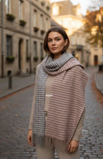 The Amritsar Store elegant reversible wool scarf featuring grey plaid design with soft pink woven accents