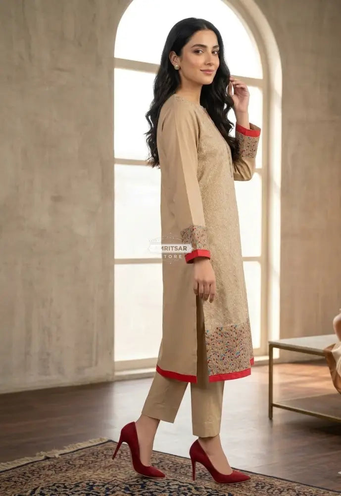 The Amritsar Store georgette kurti featuring elegant red and blue floral borders, lightweight ethnic wear for women, perfect for festive and casual occasions