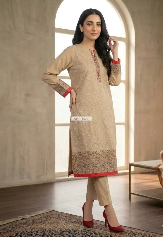 The Amritsar Store georgette kurti featuring elegant red and blue floral borders, lightweight ethnic wear for women, perfect for festive and casual occasions