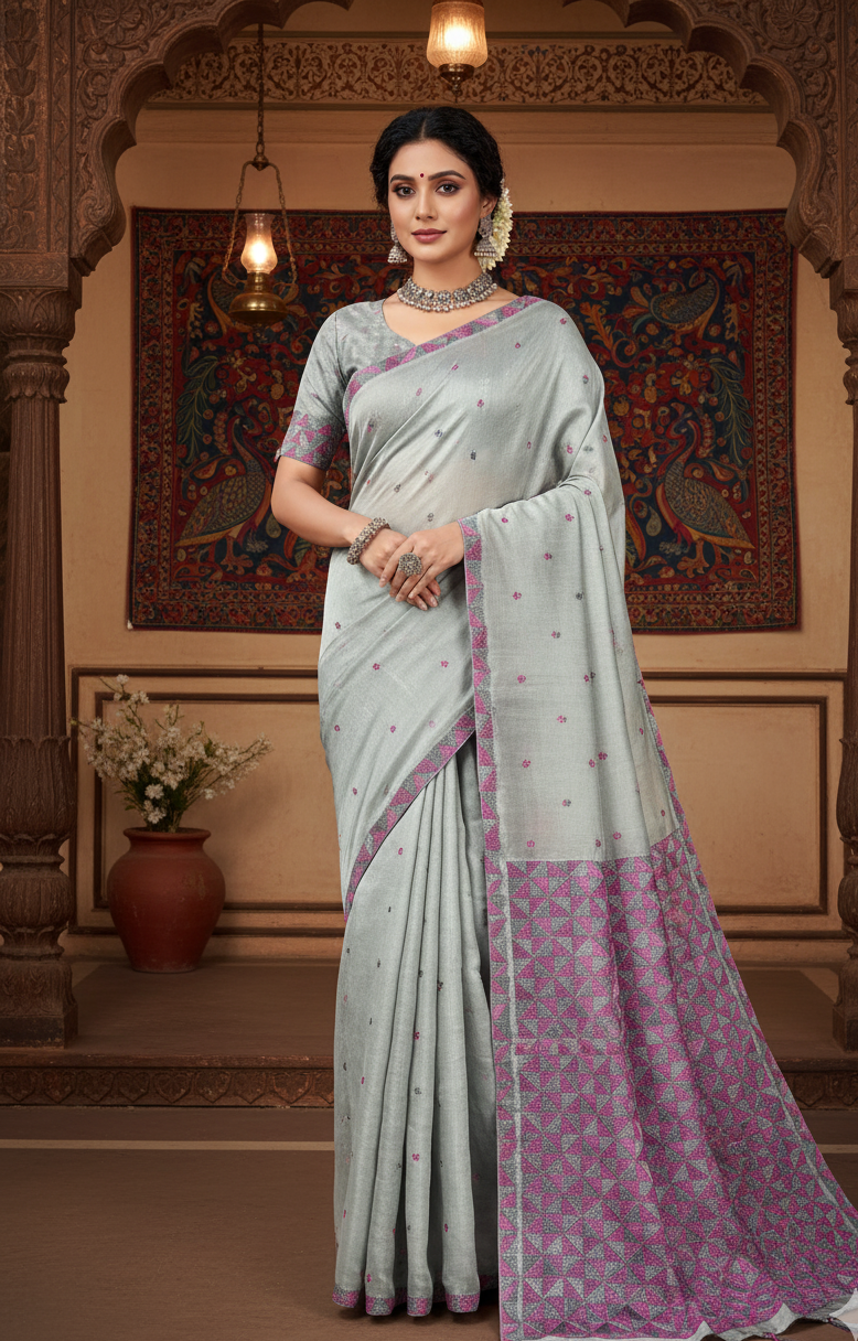 The Amritsar Store Phulkari Saree – Hand Embroidered with Multicolor Threads on Elegant Grey Chinnon Chiffon Fabric