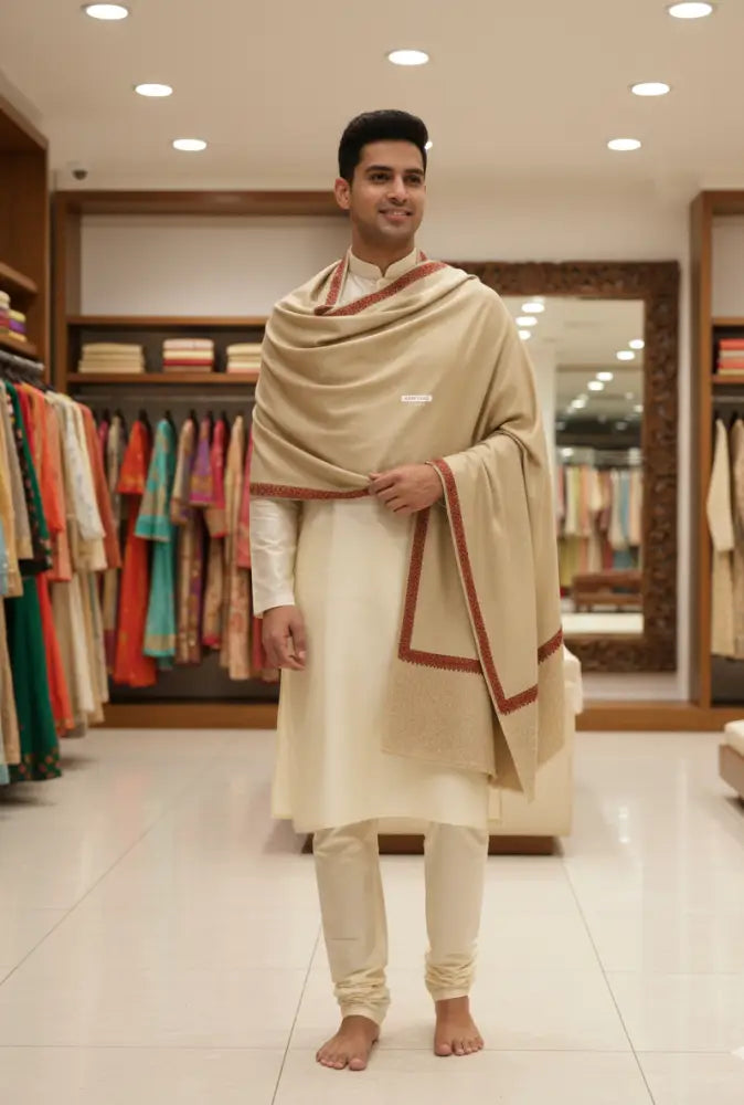 Hand embroidered Kashmiri shawl by The Amritsar Store featuring paisley embroidery on four corners, warm and lightweight design