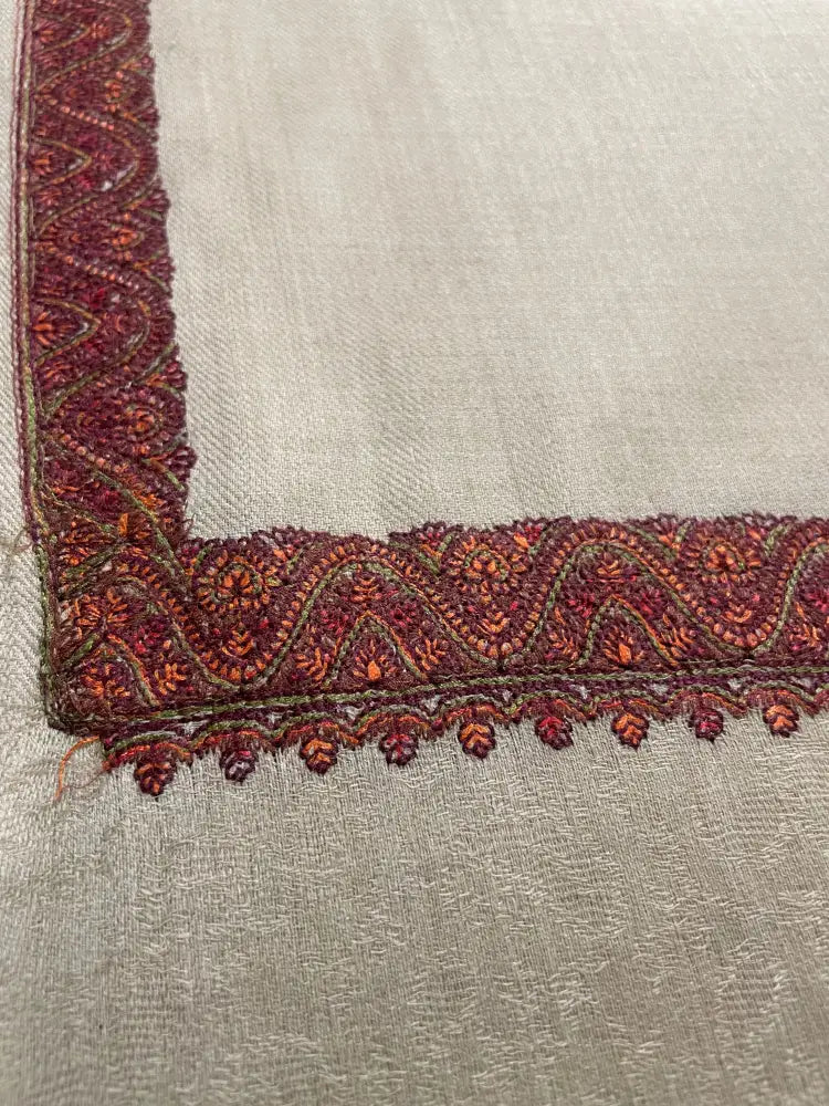 Hand embroidered Kashmiri shawl by The Amritsar Store featuring paisley embroidery on four corners, warm and lightweight design
