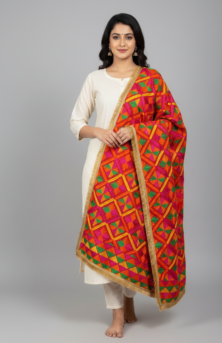 The Amritsar Store Phulkari Dupatta – Beautiful Hand Embroidered Traditional Design