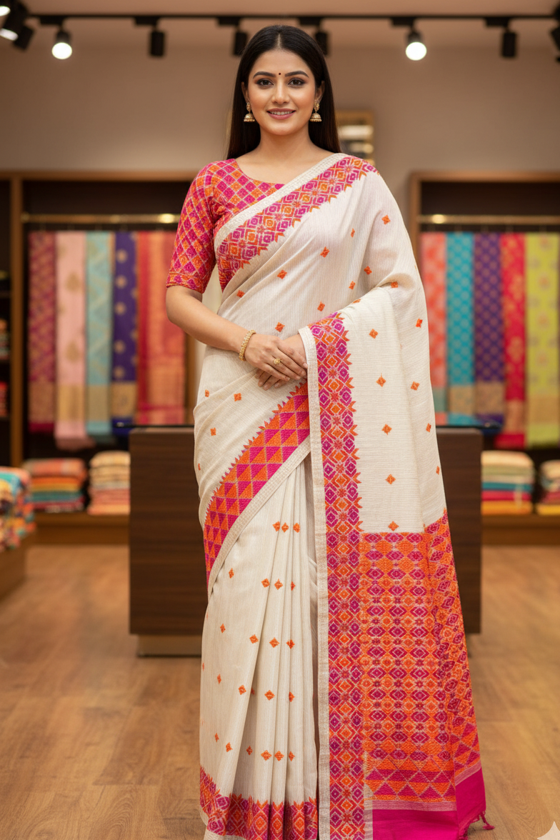 The Amritsar Store Phulkari Saree – Hand Embroidered Traditional Design in Elegant Off-White Color