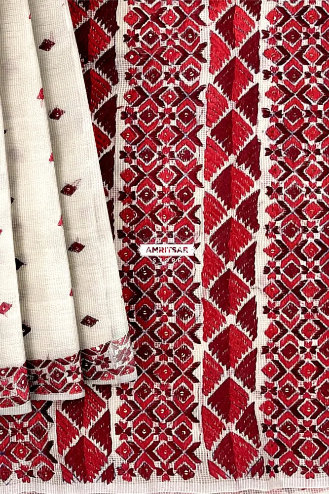The Amritsar Store Phulkari Saree – Hand Embroidered Off-White Fabric with Red and Maroon Accents