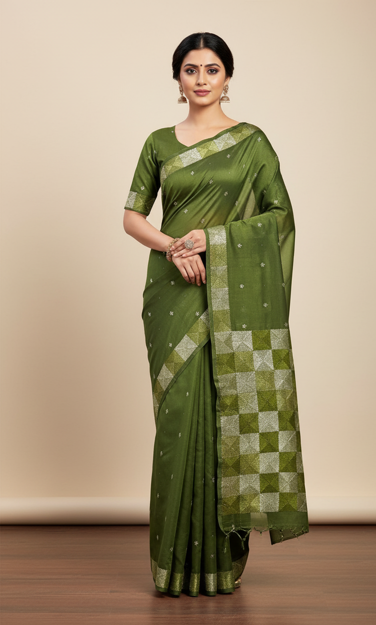 The Amritsar Store Phulkari Saree – Hand Embroidered Traditional Design in Olive Green Colo
