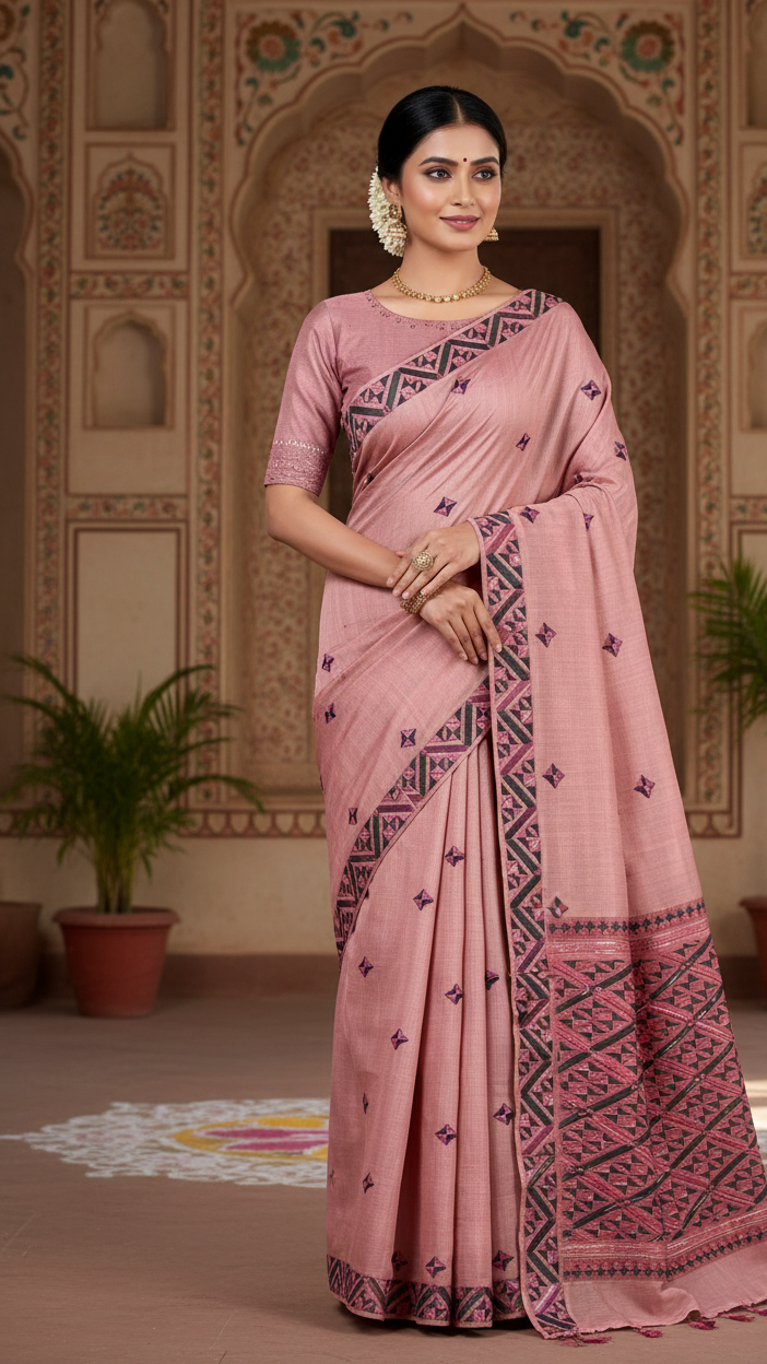 The Amritsar Store Phulkari Saree – Hand Embroidered Traditional Design on Elegant Pink Fabric