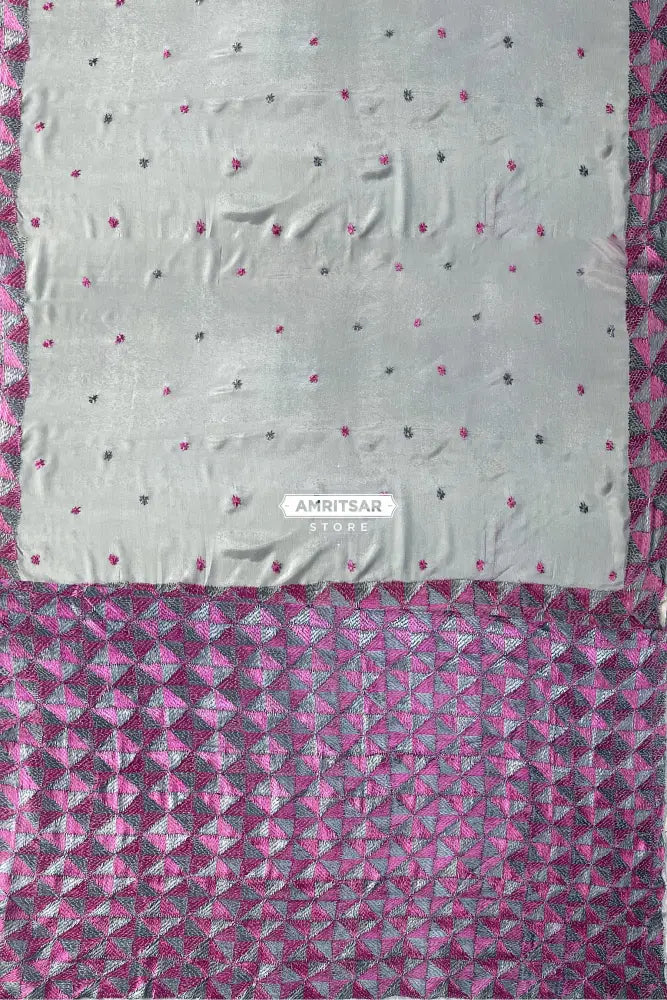 The Amritsar Store Phulkari Saree – Hand Embroidered with Multicolor Threads on Elegant Grey Chinnon Chiffon Fabric