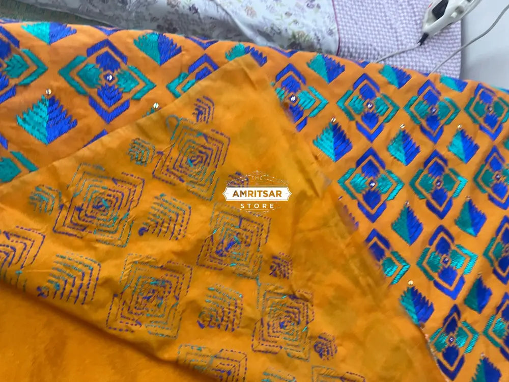 The Amritsar Store Phulkari Saree – Hand Embroidered with Blue Thread on Mustard Color Fabric