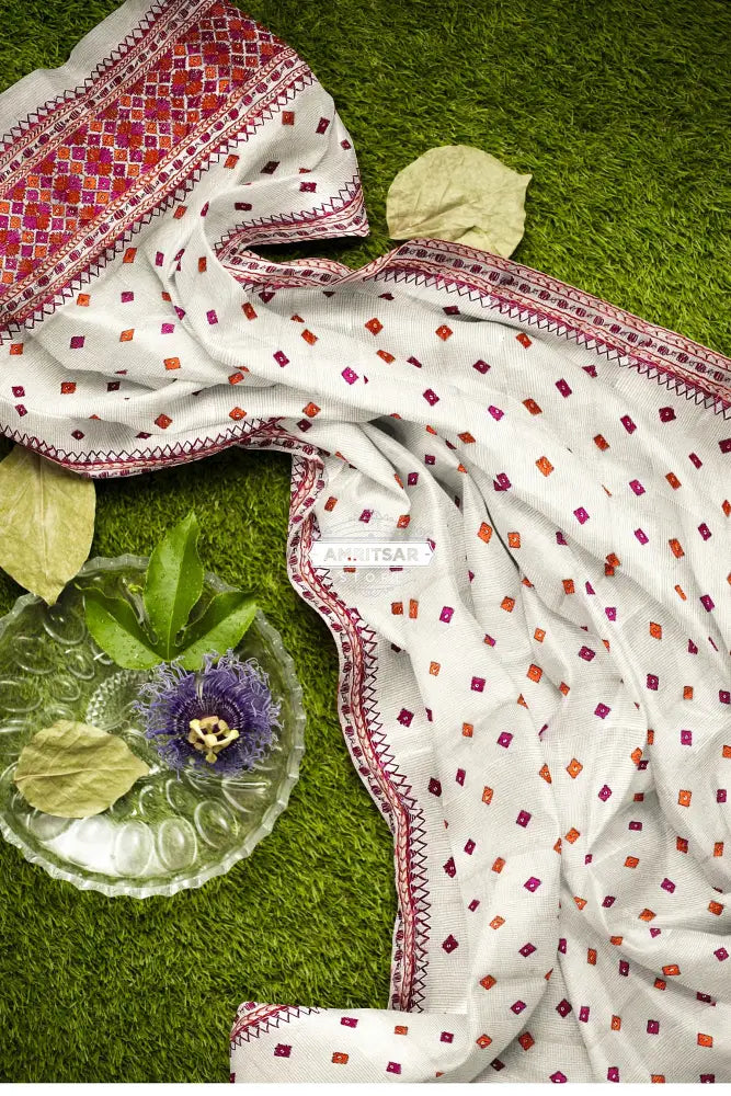 The Amritsar Store Phulkari Dupatta – Handcrafted Off-White Fabric with Vibrant Multicolor Embroidery