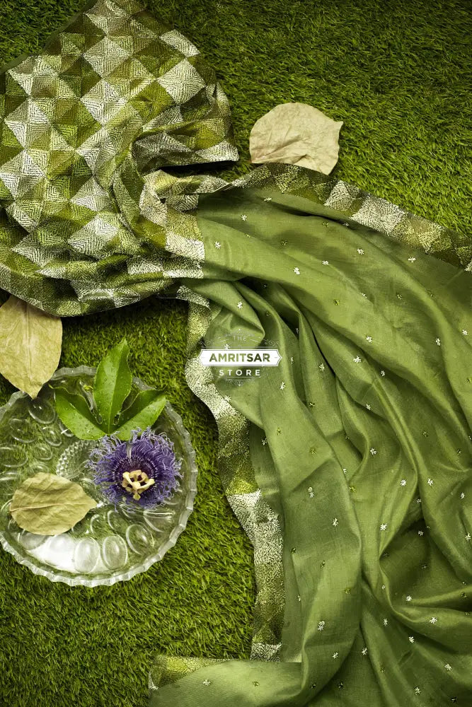 The Amritsar Store Phulkari Saree – Hand Embroidered Traditional Design in Olive Green Colo