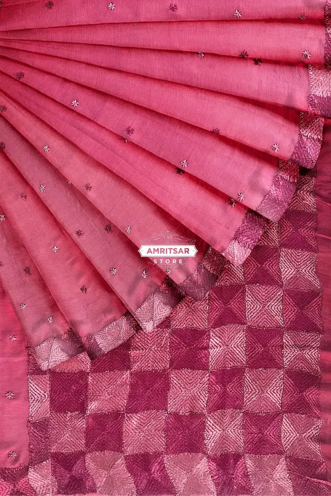 The Amritsar Store Phulkari Saree – Hand Embroidered Traditional Design in Pink Color