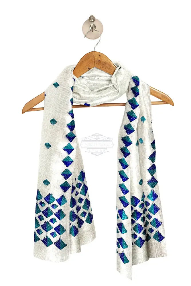 The Amritsar Store Phulkari Dupatta – Hand Embroidered White Fabric with Blue Accents