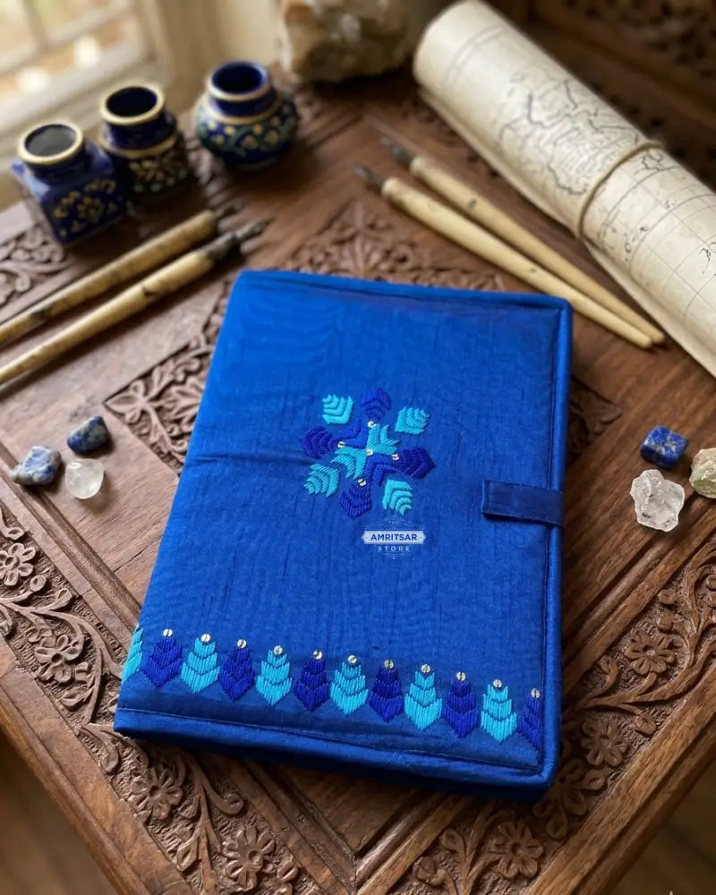The Amritsar Store Handmade Blue Embroidered Fabric Document File with Traditional Mirror Work Detailing