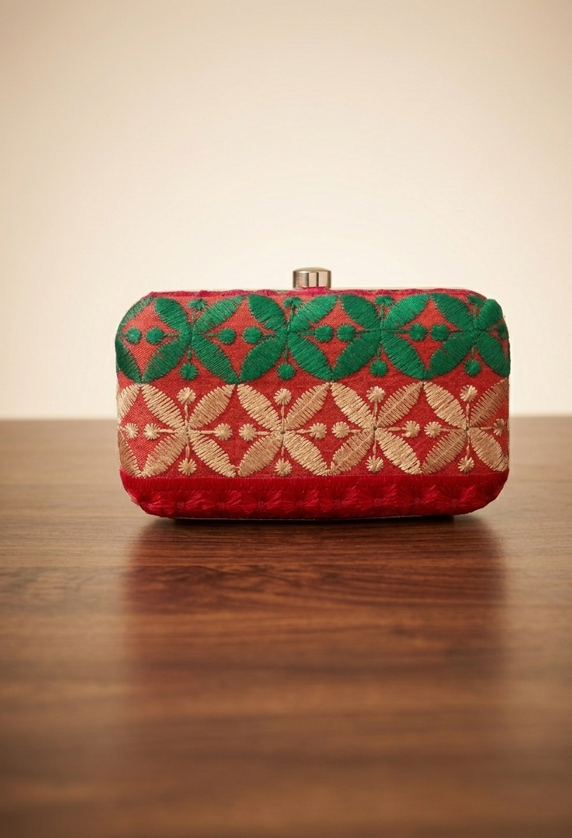The Amritsar Store Handmade Red Clutch Bag with Green Floral Embroidery – Traditional Ethnic Handcrafted Evening Purse