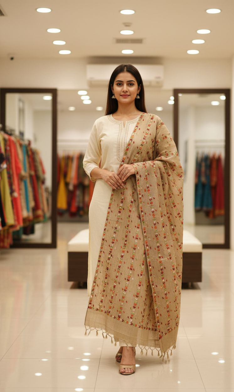 The Amritsar Store Phulkari Dupatta – Hand Embroidered with Multicolor Threads on Brown Fabric