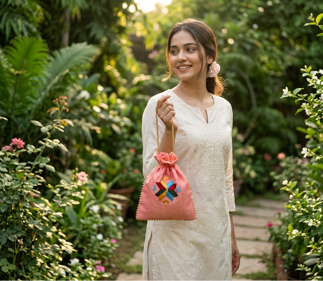 Handmade Phulkari embroidered potli bag with vibrant multicolor floral threadwork and traditional Punjabi design by The Amritsar Store