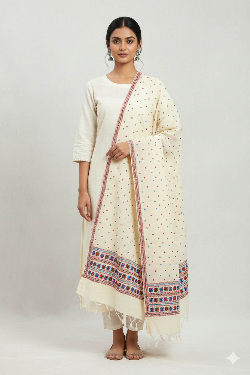 The Amritsar Store Phulkari Dupatta – Hand Embroidered Traditional Design on Soft Lemon Color Fabric