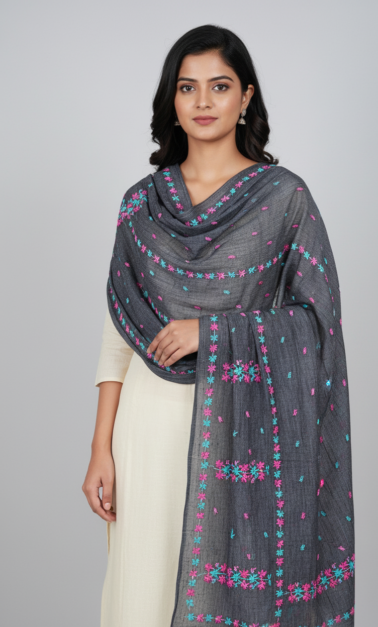 The Amritsar Store Phulkari Dupatta – Hand Embroidered Traditional Design in Navy Blue Color