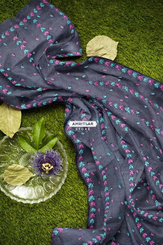 The Amritsar Store Phulkari Dupatta – Hand Embroidered Traditional Design in Navy Blue Color