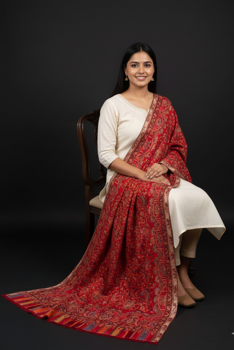 Heritage red Kashmiri jaal weave stole with intricate paisley motifs and multitone decorative borders by The Amritsar Store