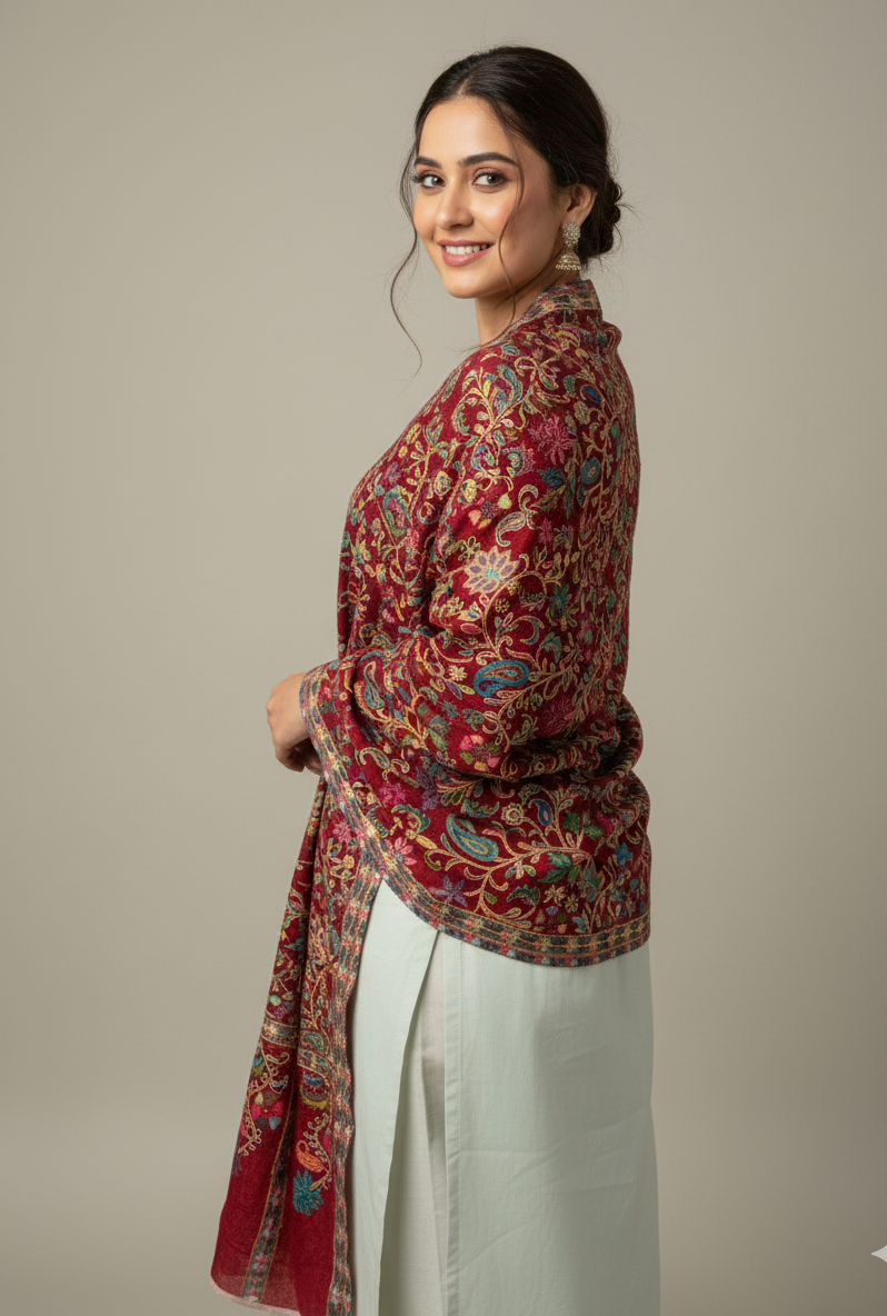 Handcrafted Kalamkari Stole with Traditional Kashmiri Floral Work – The Amritsar Store