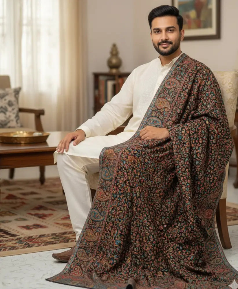 Men’s black Kani Jaal shawl with multicolor paisley and floral weave by The Amritsar Store