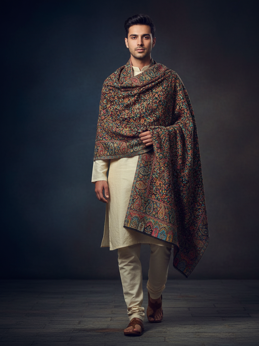 Men’s black Kani Jaal shawl with multicolor paisley and floral weave by The Amritsar Store