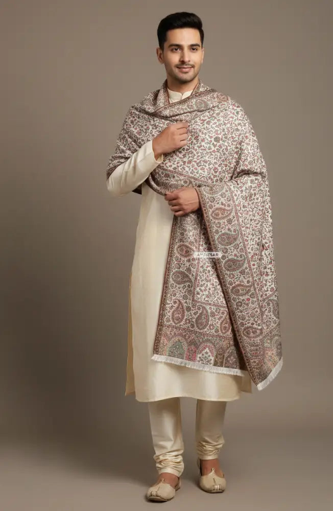 The Amritsar Store Men’s Cream Kani Jaal Shawl with multicolor paisley and floral woven pattern, traditional Kashmiri style elegant winter wrap for men